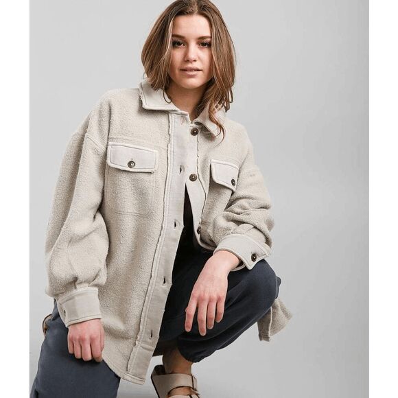 Free People Beige Gray Fleece Oversized Button Down Ruby Jacket Women's Size XS - Picture 1 of 7
